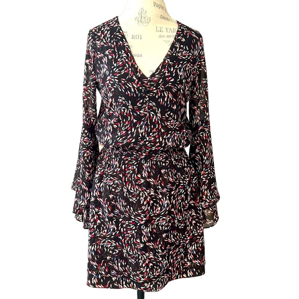White House black market colorful windswept leaf print black dress bell sleeve 2
